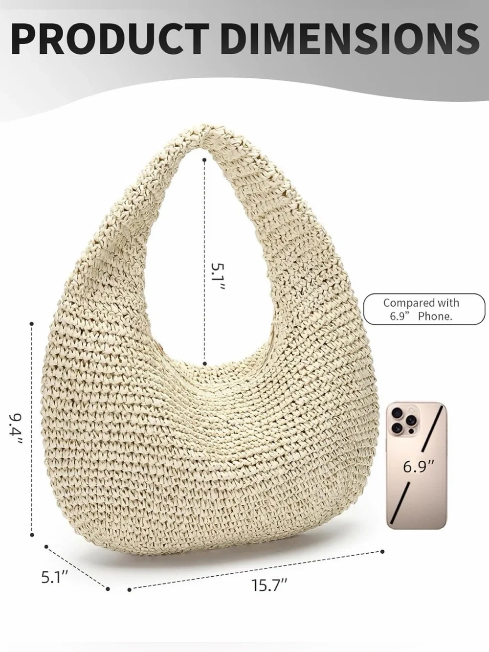 Woven Raffia Hobo Shoulder Bag - Half Moon Design Lightweight Zipper Closure